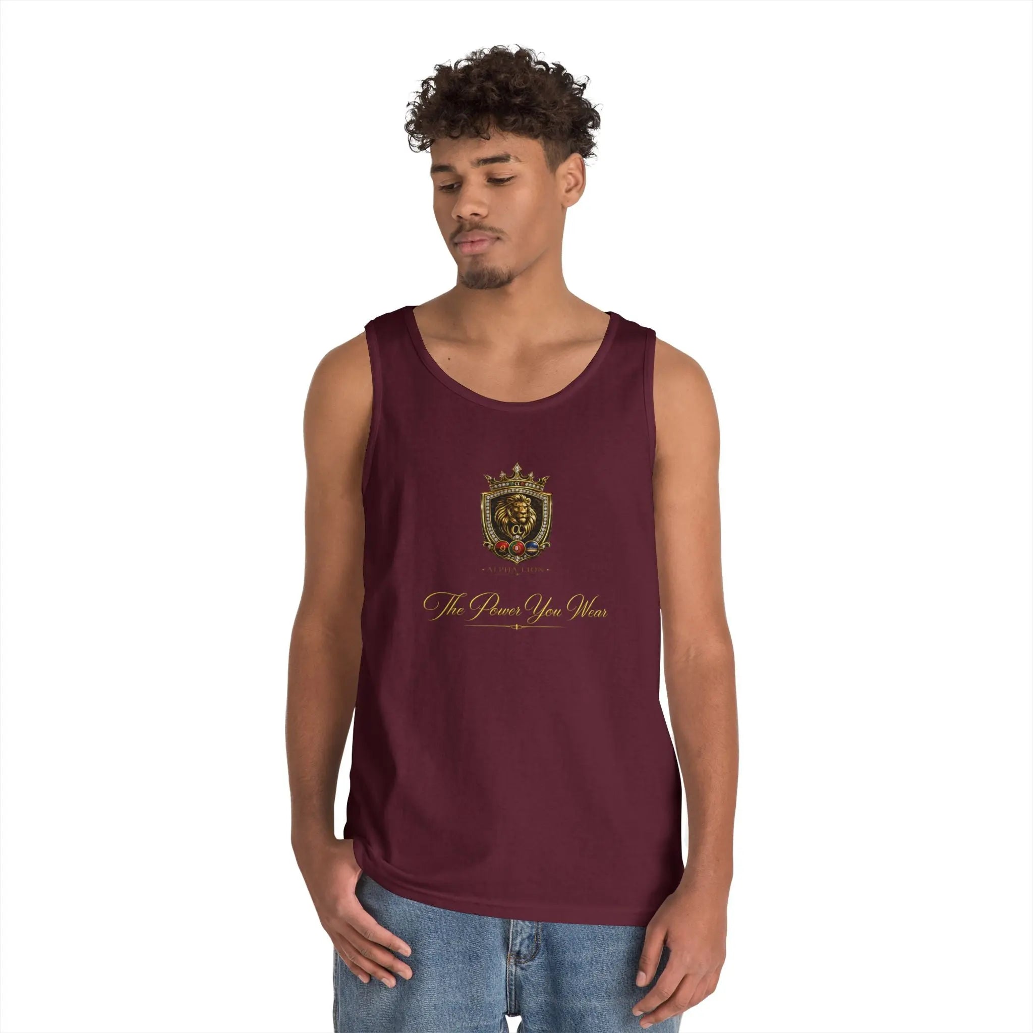 Alpha Lion Tank Top — Vintage Cherub Emblem Chest Print Printify