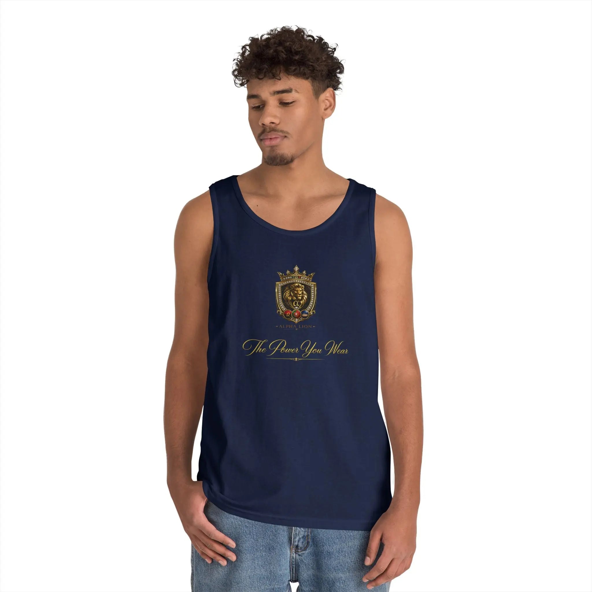 Alpha Lion Tank Top — Vintage Cherub Emblem Chest Print Printify