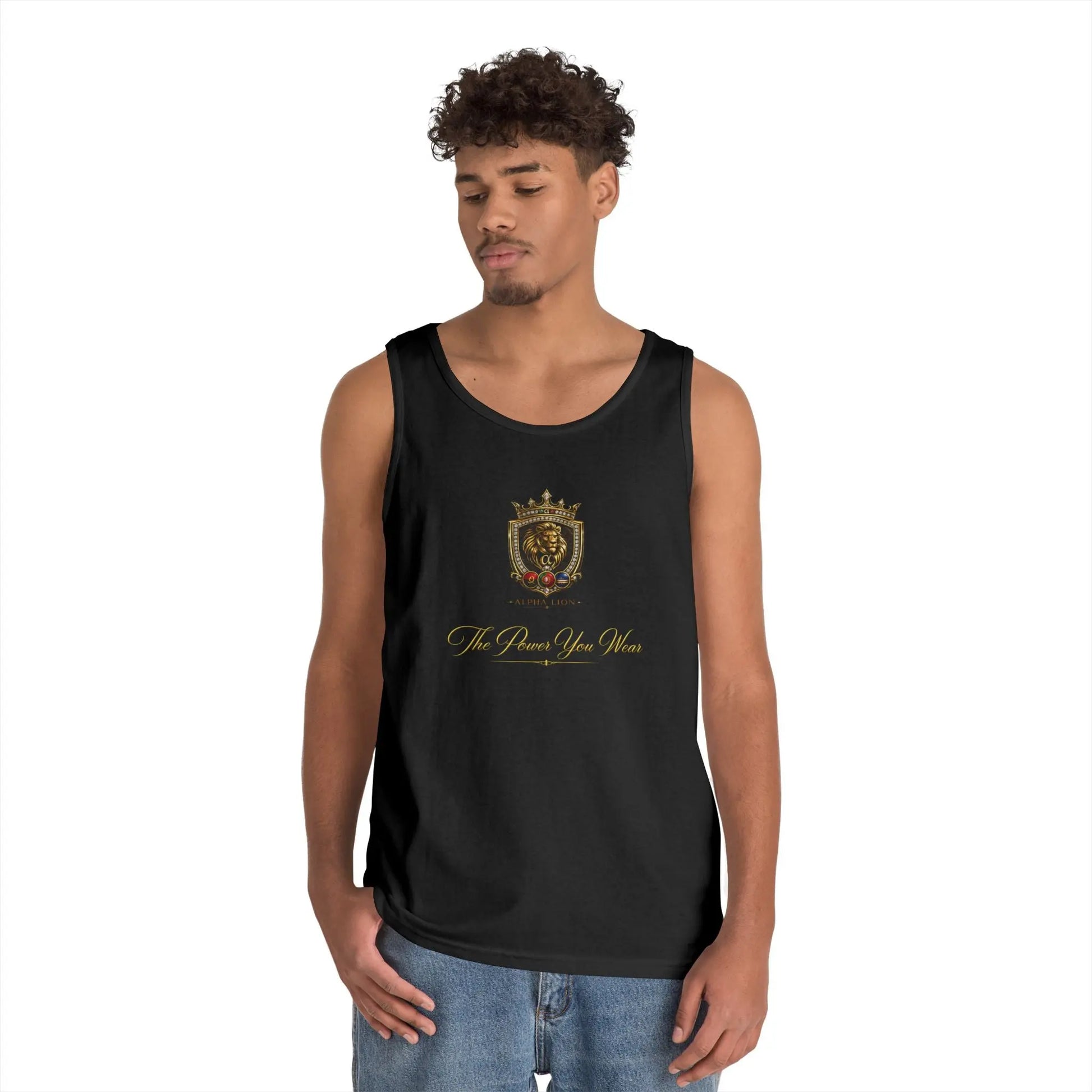 Alpha Lion Tank Top — Vintage Cherub Emblem Chest Print Printify
